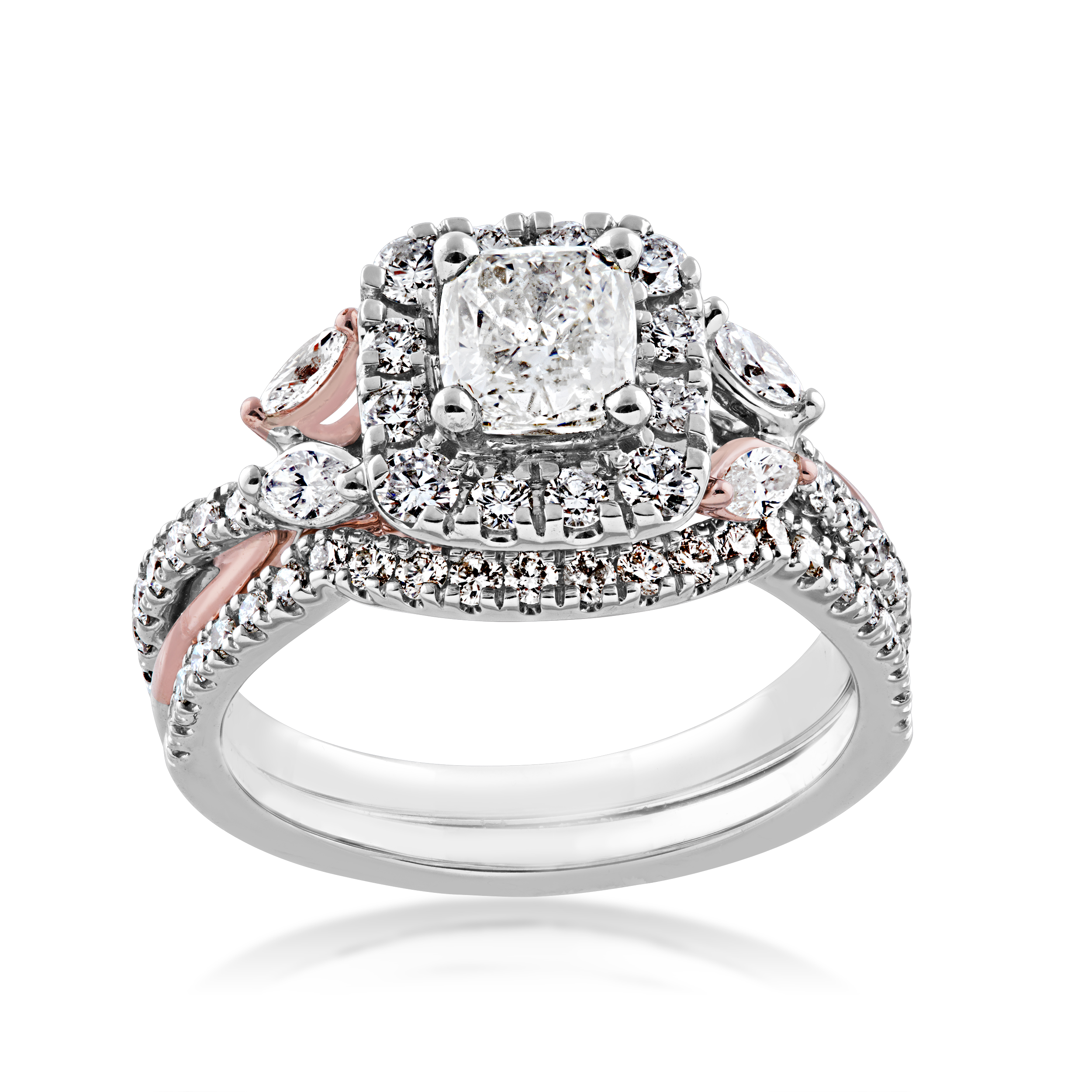 Noventa 2 ct. tw. Cushion Cut Center Wedding Set with Round Brilliant Halo & Marquise Accented Band in 14K White & Pink Gold - RB-8452-A66T4