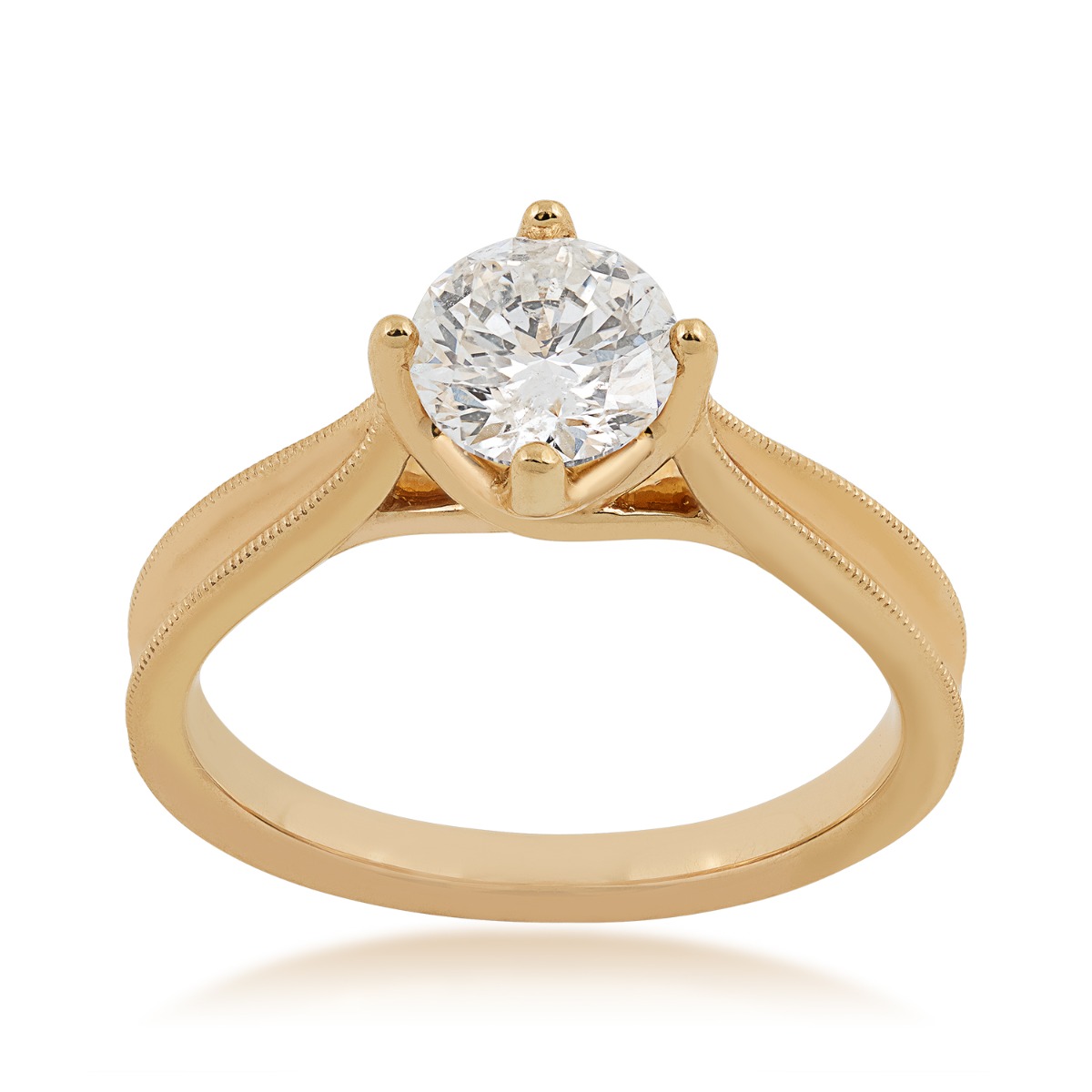 yellow gold round diamond solitaire ring with milgrain edges