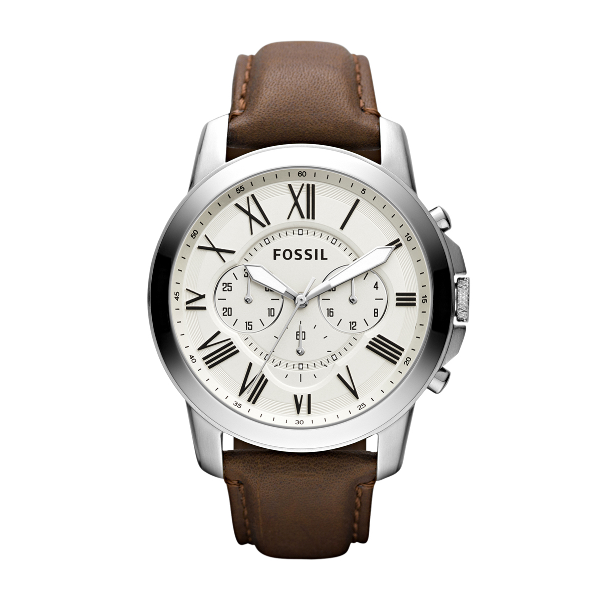 Stainless steel cream dial and leather strap men's Fossil Grant quartz chronograph watch