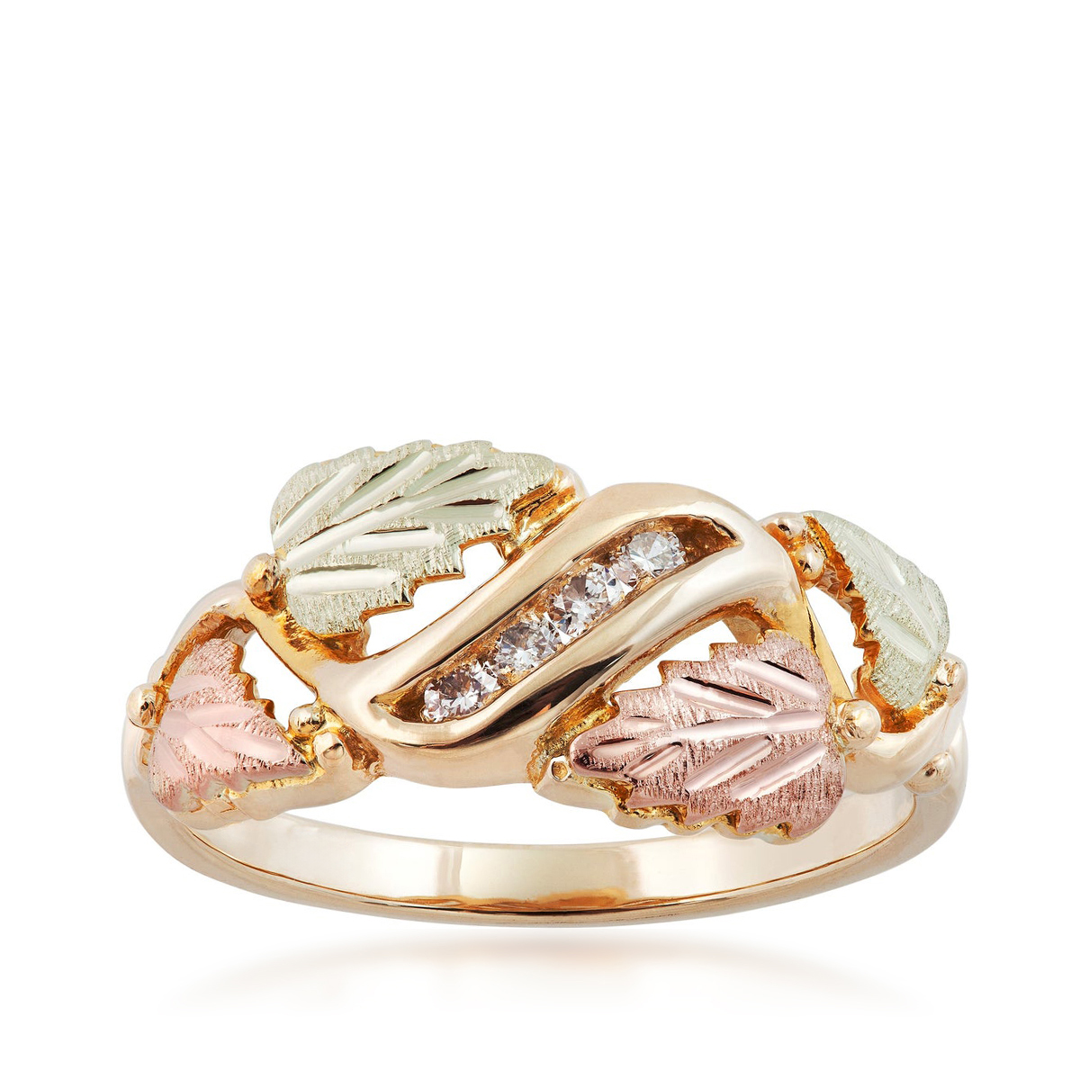 10K yellow gold Black Hills Gold 1/8 ct. tw. diamond channel set grapevine & leaf ring