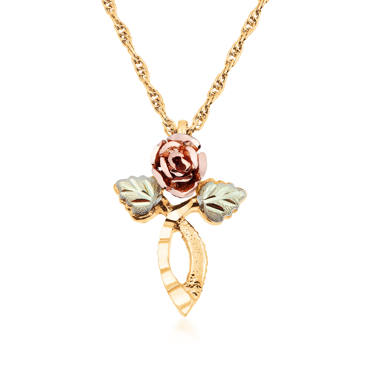 10K yellow gold Black Hills Gold rose and leaf cross pendant