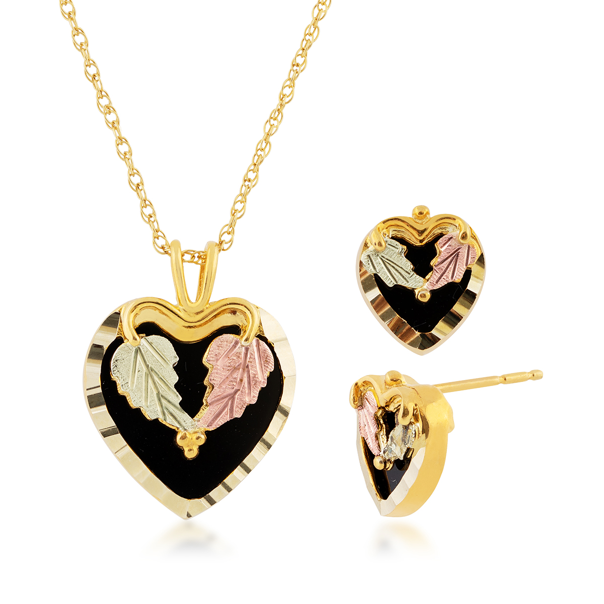 10K yellow gold Black Hills Gold black onyx heart pendant and earring set with heart-shaped leaf accent