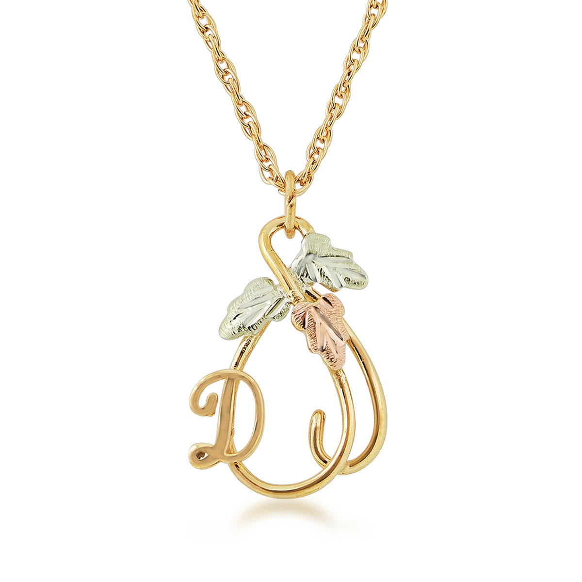 Black Hills Gold Hanging Vine with Leaves Initial Letter D Pendant in 10K Yellow Gold