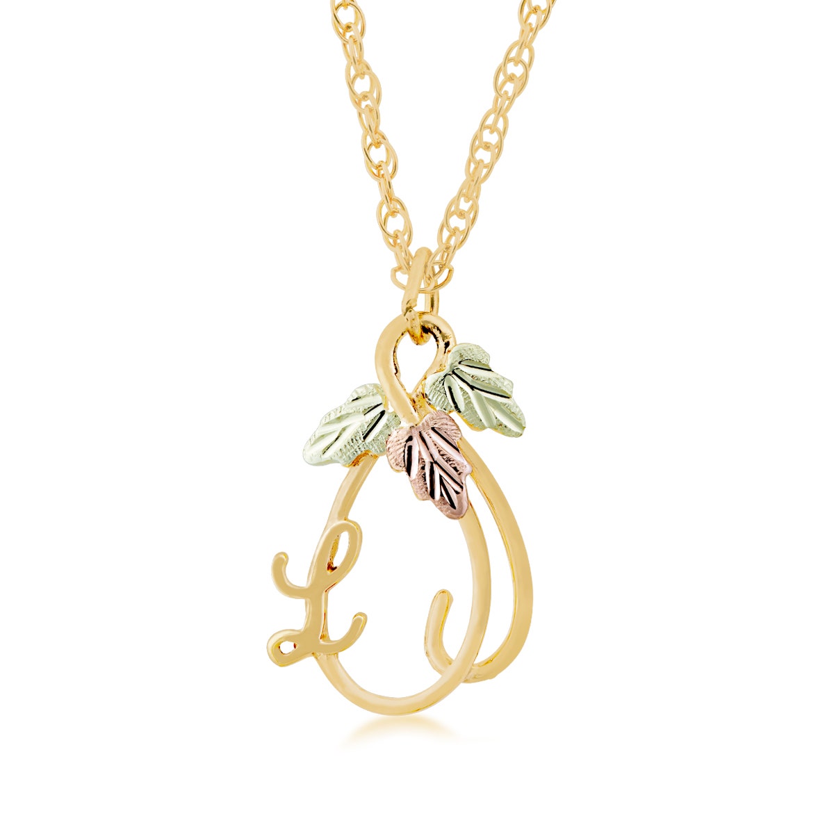 Black Hills Gold Hanging Vine with Leaves Initial Letter Pendant in 10K Yellow Gold