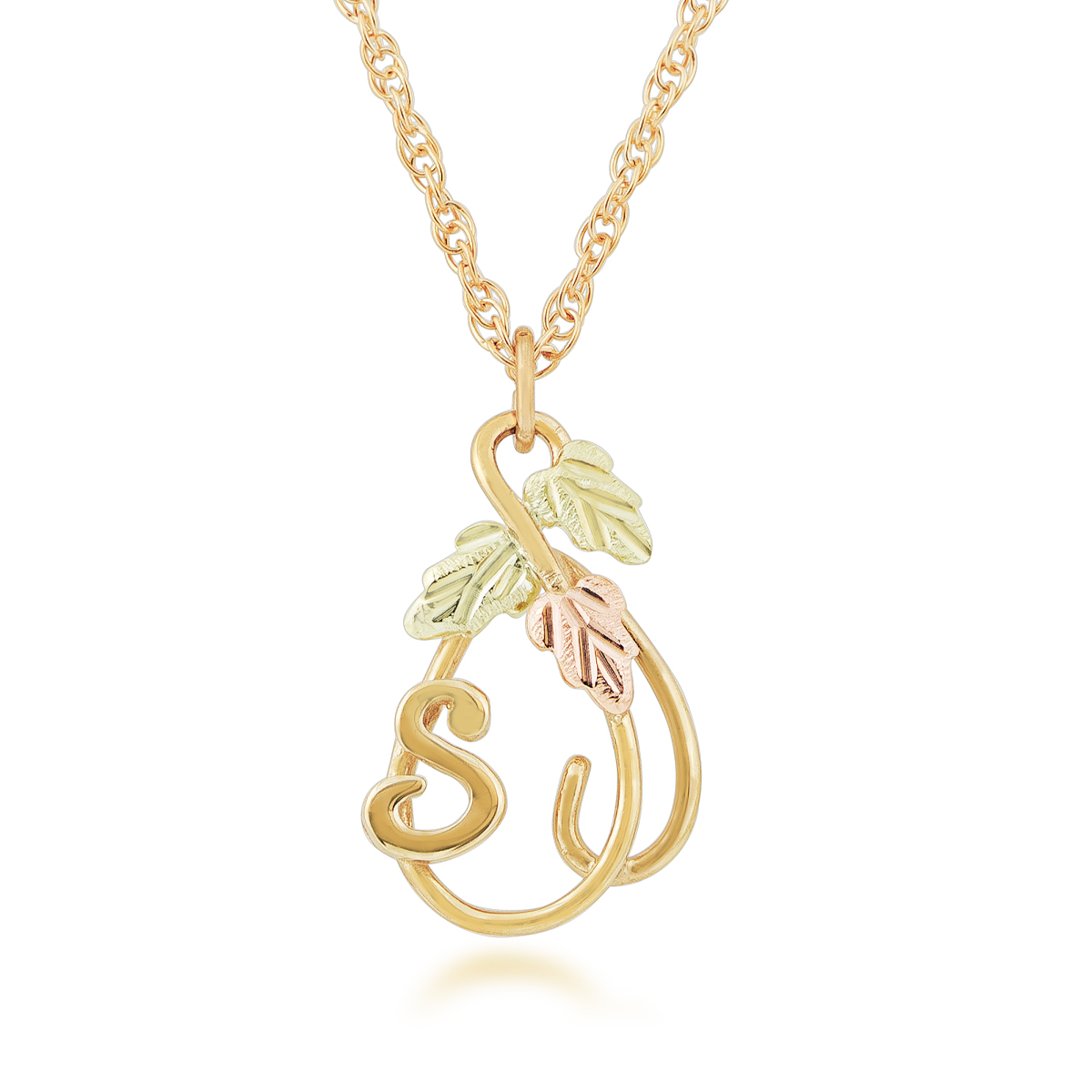 10K yellow gold Black Hills Gold hanging vine with leaves initial letter S pendant