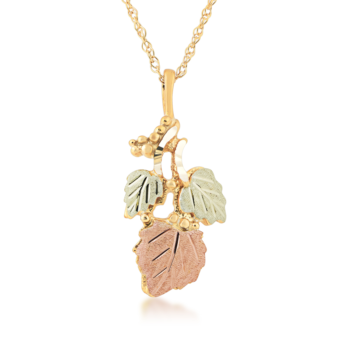 10K yellow gold Black Hills Gold diamond cut leaf and grapevine cluster drop pendant