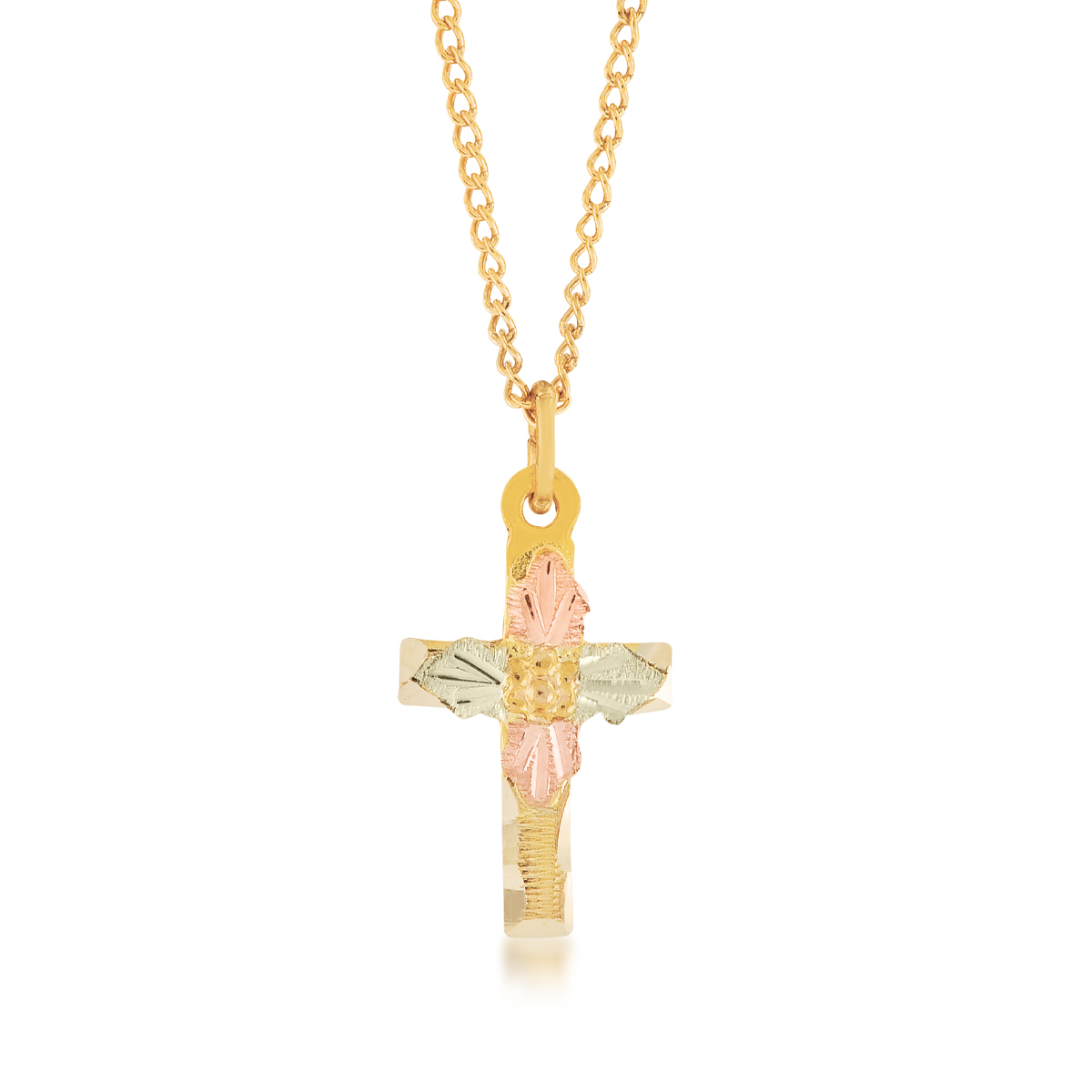 10K yellow gold Black Hills Gold cross pendant with grape and leaf center