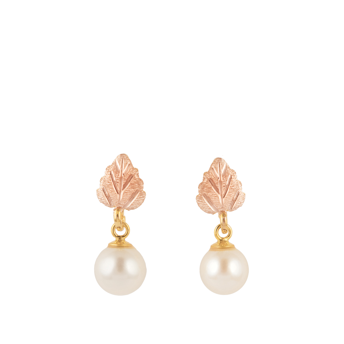10K yellow gold Black Hills Gold cultured freshwater pearl pink leaf dangle earrings