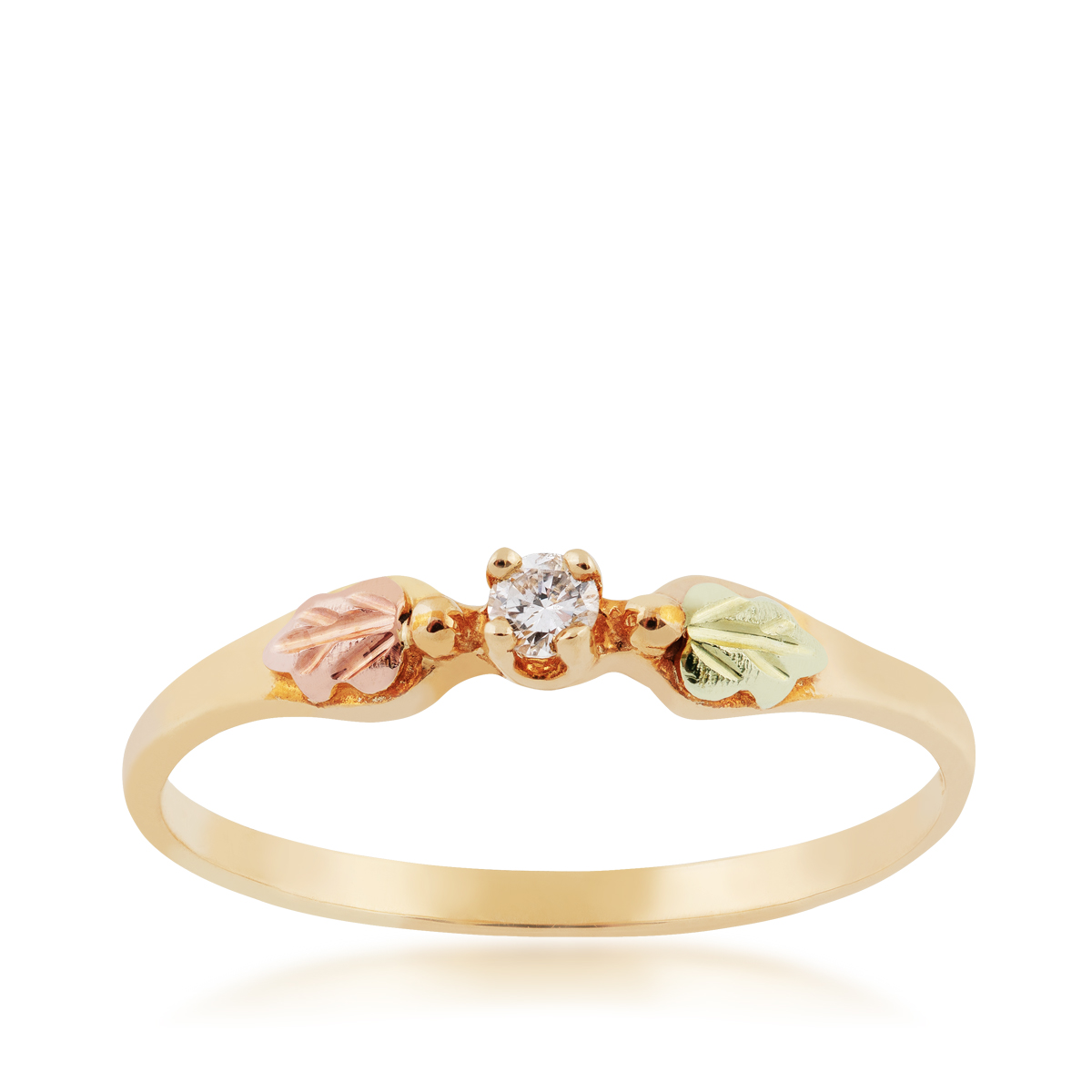 10K yellow gold Black Hills Gold diamond accent green and pink leaf promise ring
