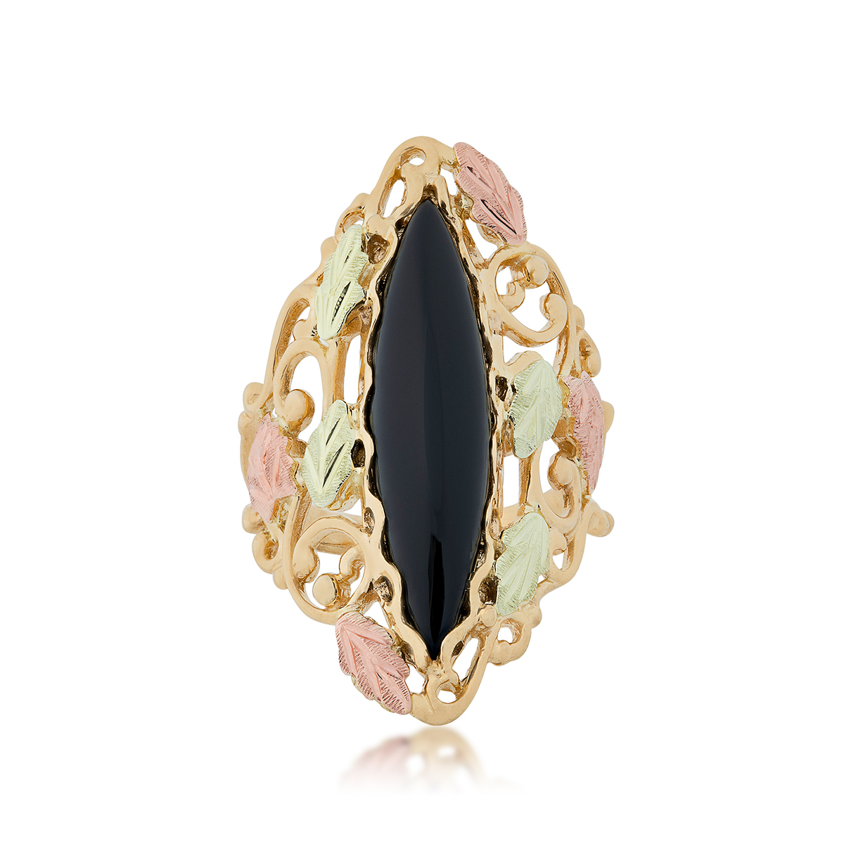 10K yellow gold Black Hills Gold marquise black onyx filigree ring