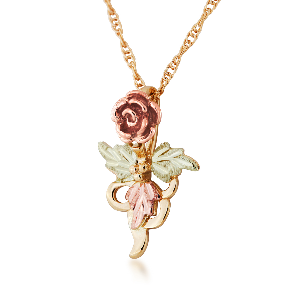 10K yellow gold Black Hills Gold rose and triple leaf vine pendant