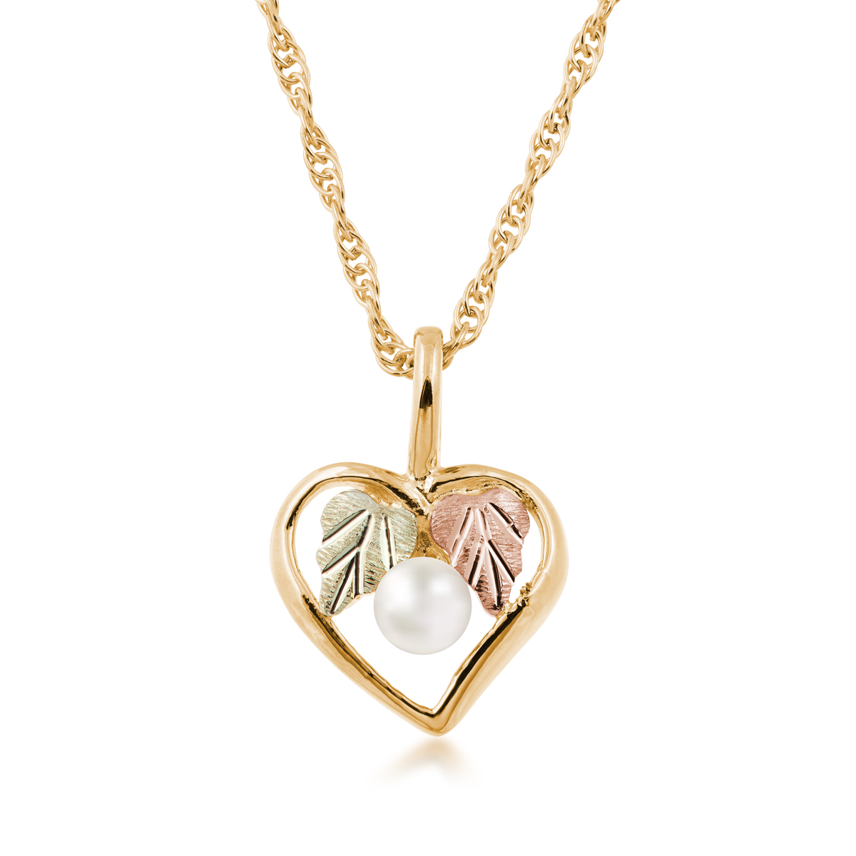10K yellow gold Black Hills Gold cultured freshwater pearl and double leaf heart pendant