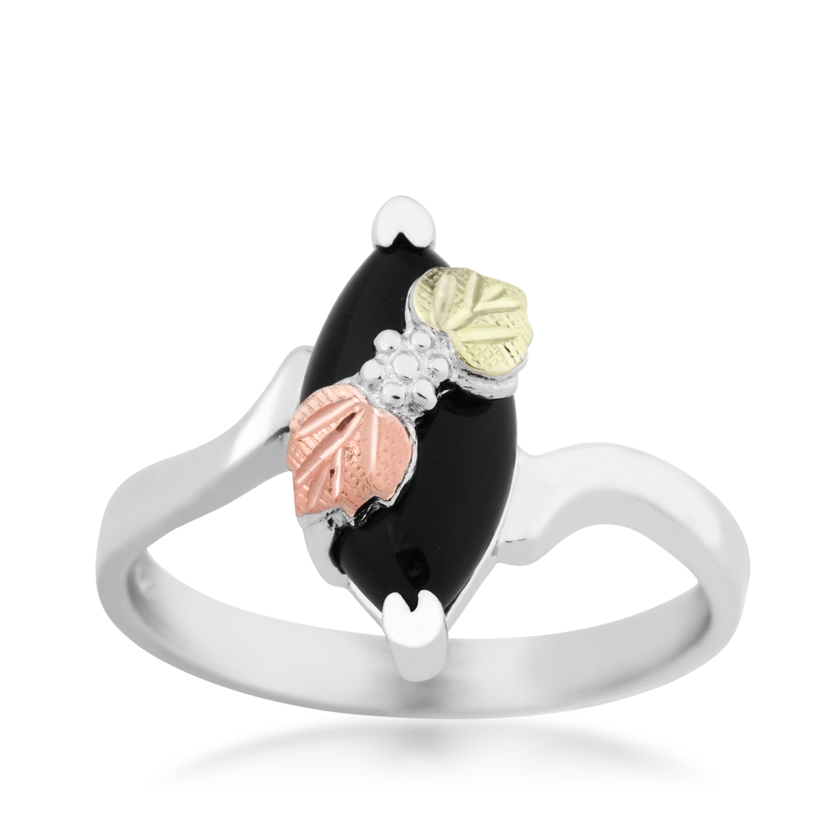Sterling silver Black Hills Gold marquise black onyx double leaf ring