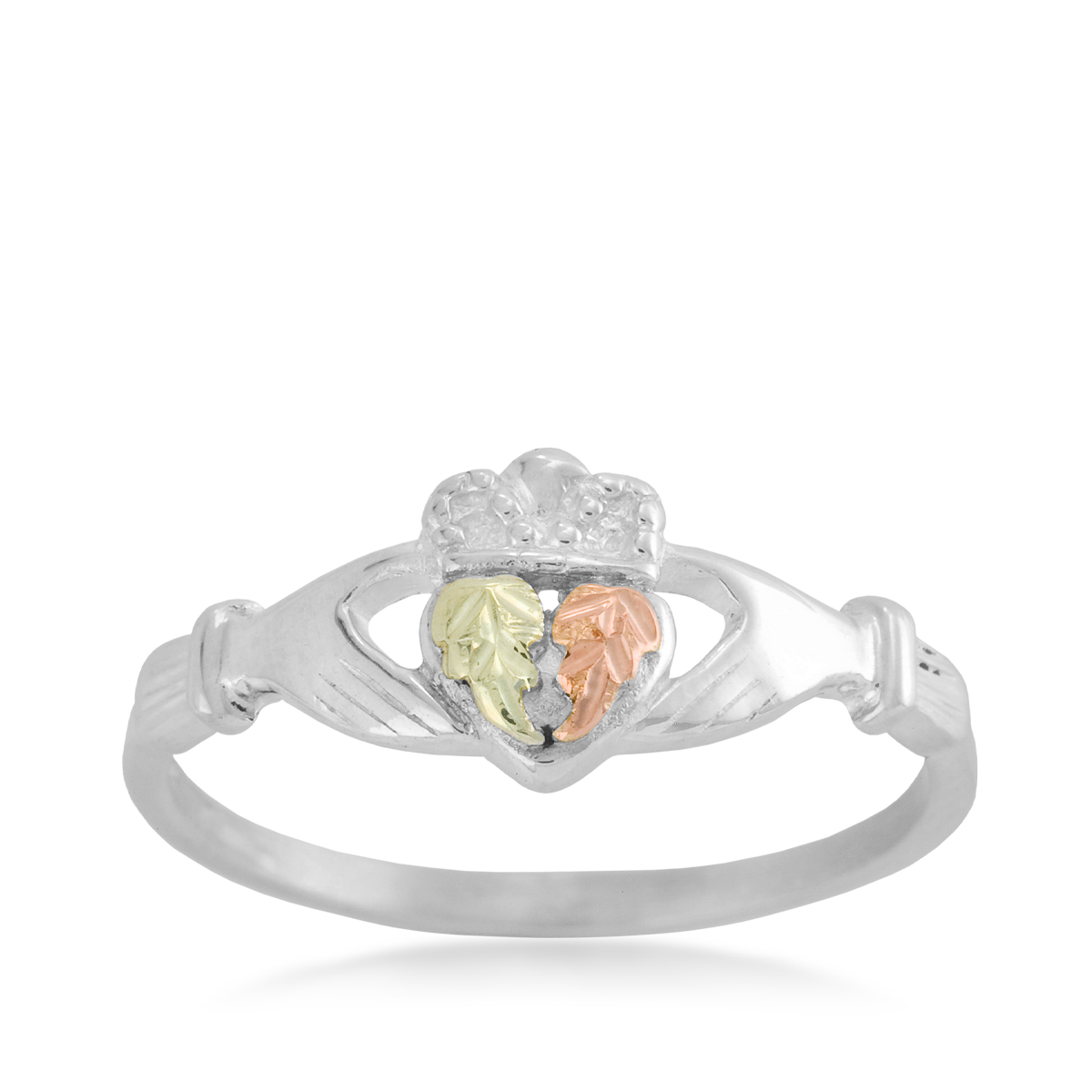 Sterling silver Black Hills Gold pink and green leaf claddagh ring