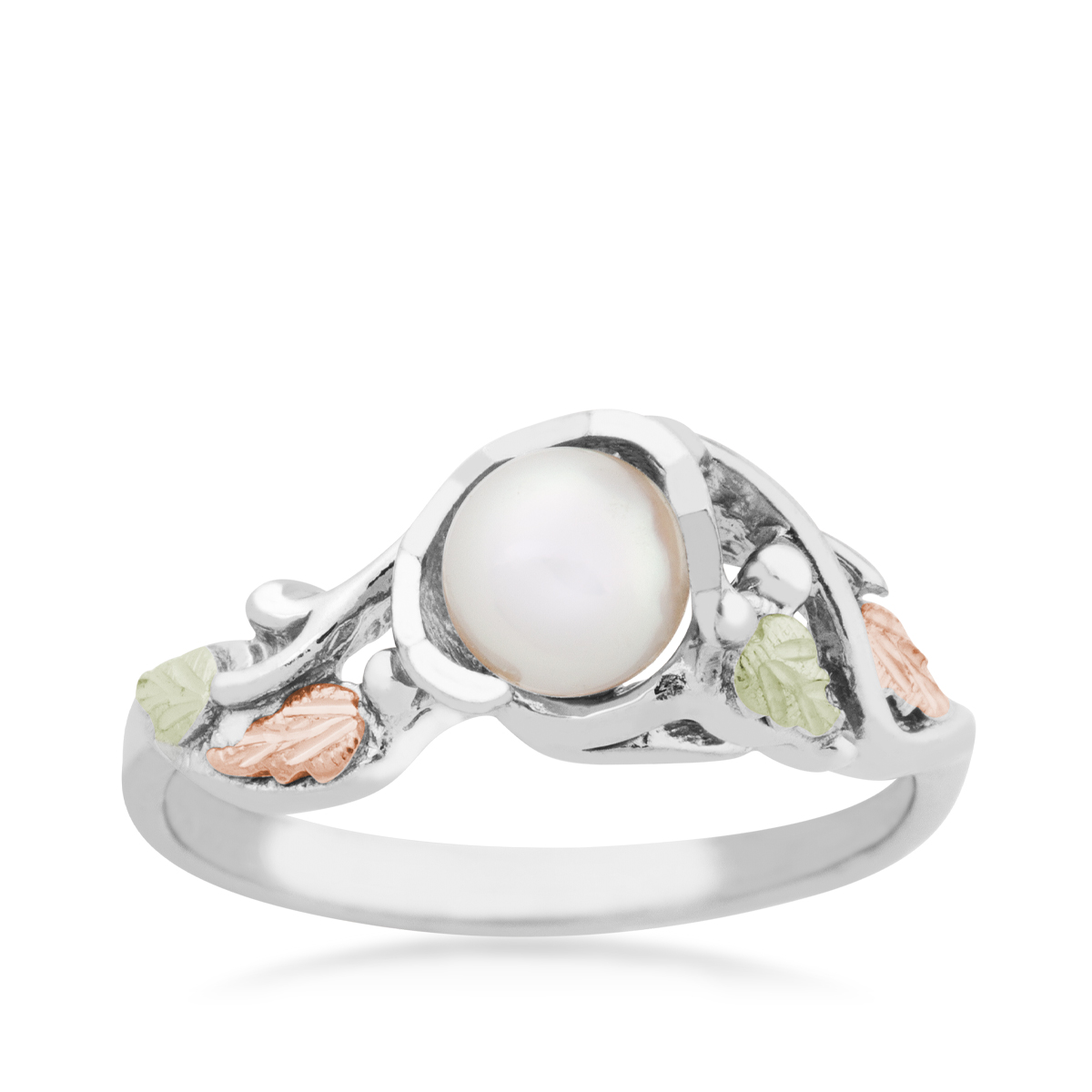 sterling silver Black Hills Gold freshwater pearl vine and leaf ring