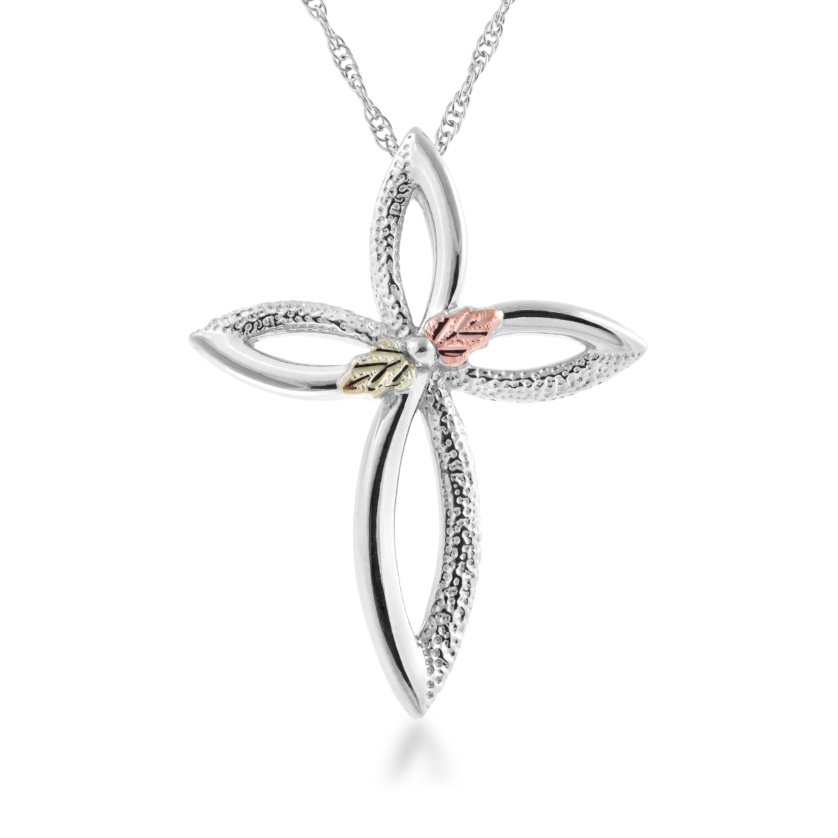 sterling silver Black Hills Gold looped cross and leaf pendant 