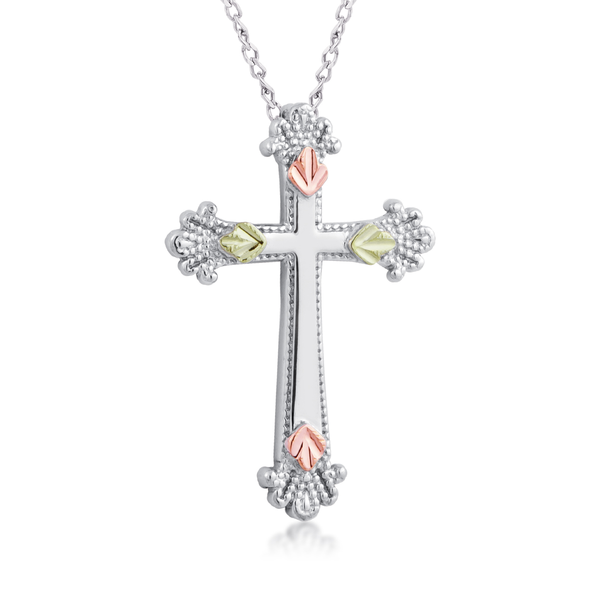 sterling silver Black Hills Gold Milgrain edge sleek cross and leaf pendant 