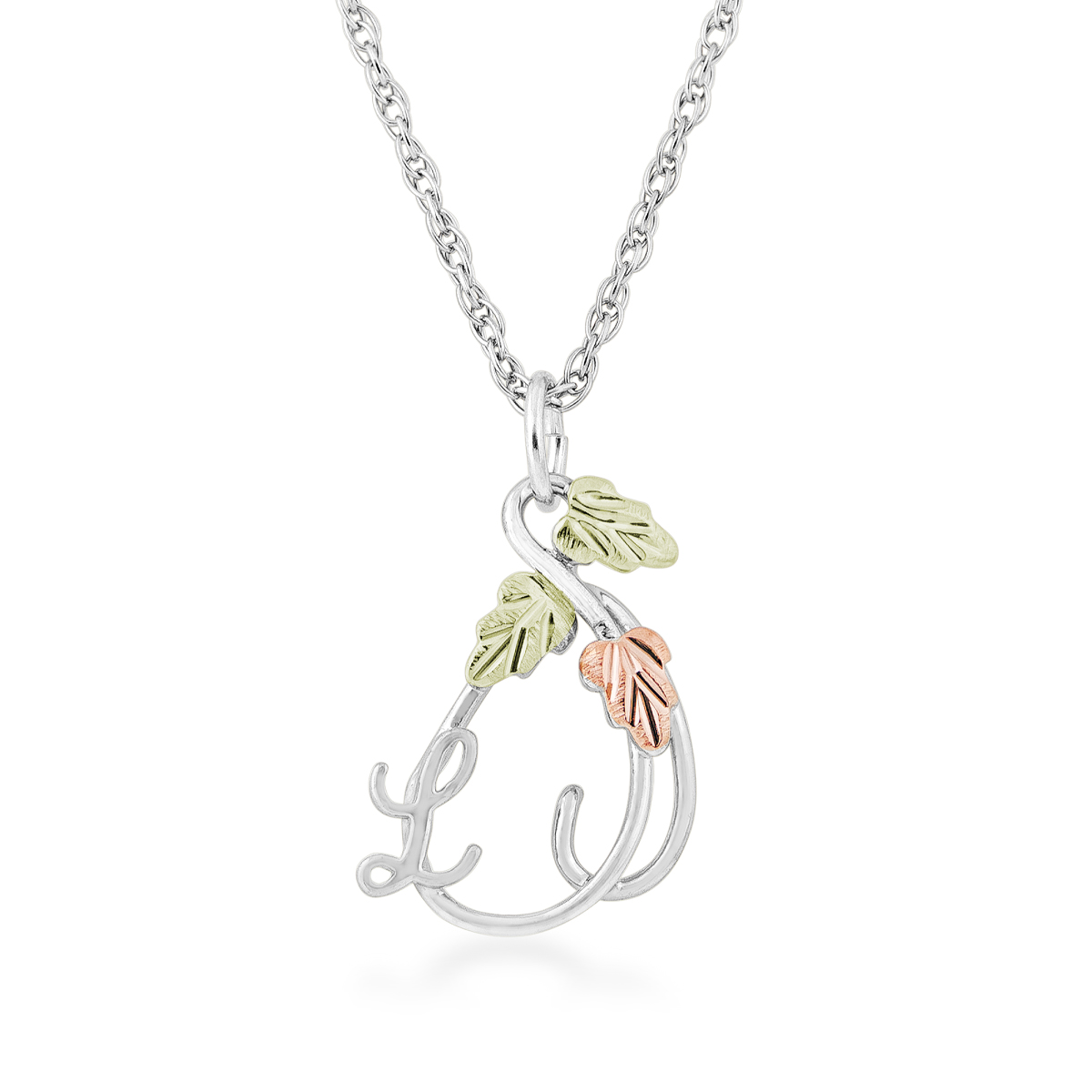 sterling silver Black Hills Gold initial letter L and vine pendant
