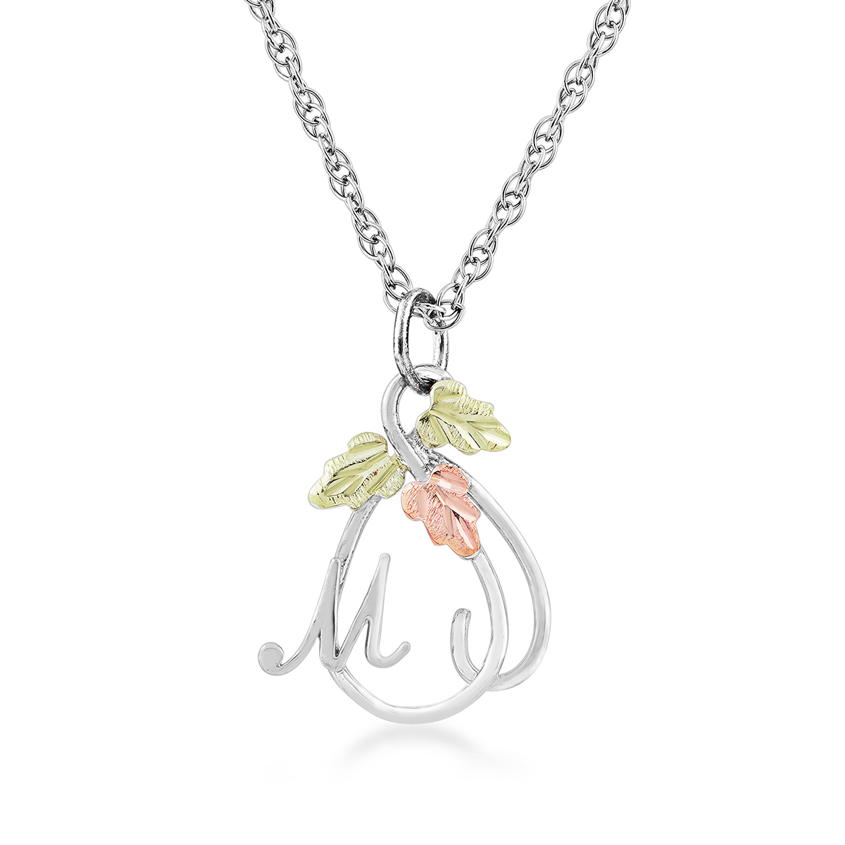 sterling silver Black Hills Gold initial letter m and vine pendant