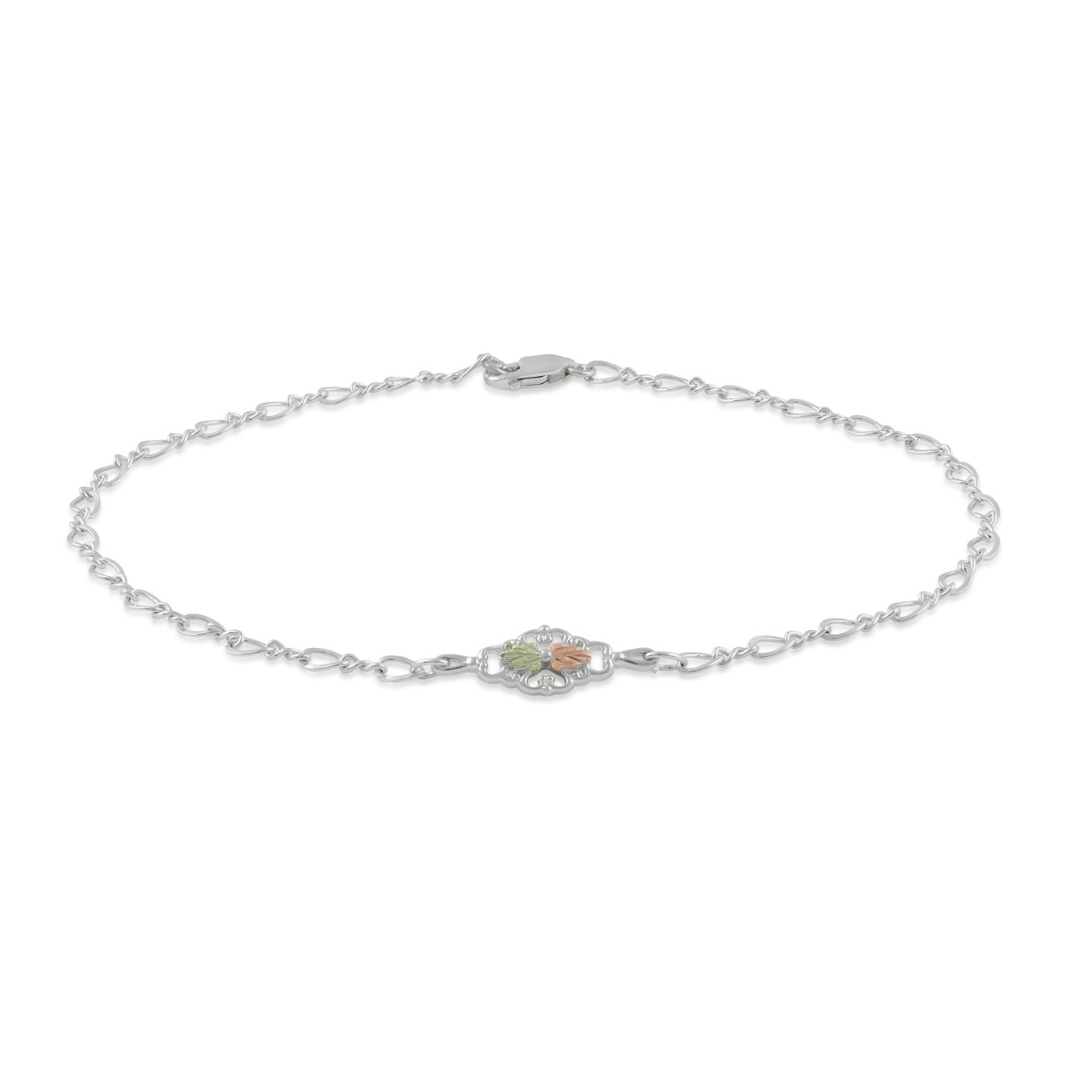 sterling silver Black Hills Gold 10-inch pink and green leaf ankle bracelet
