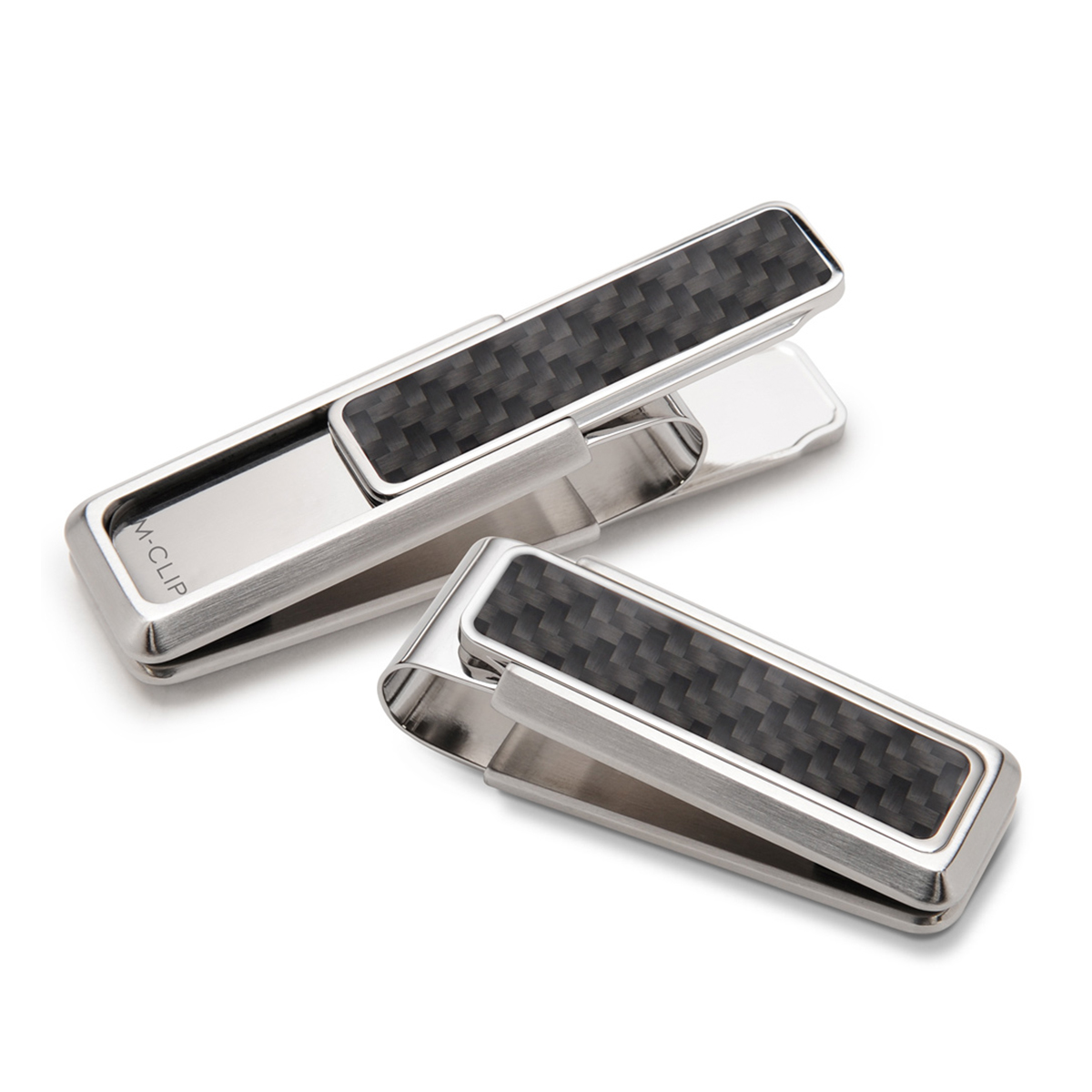brushed finish stainless steel money clip with black carbon fiber inlay