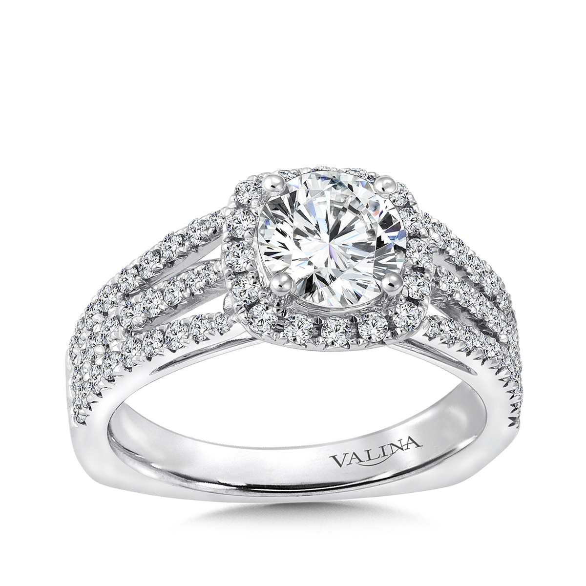 14K white gold 5/8 ct. tw. diamond halo split shank round semi-mount engagement ring