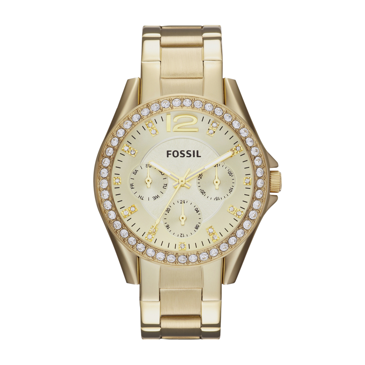 Gold-tone stainless steel Fossil watch with champagne dial and crystal accents