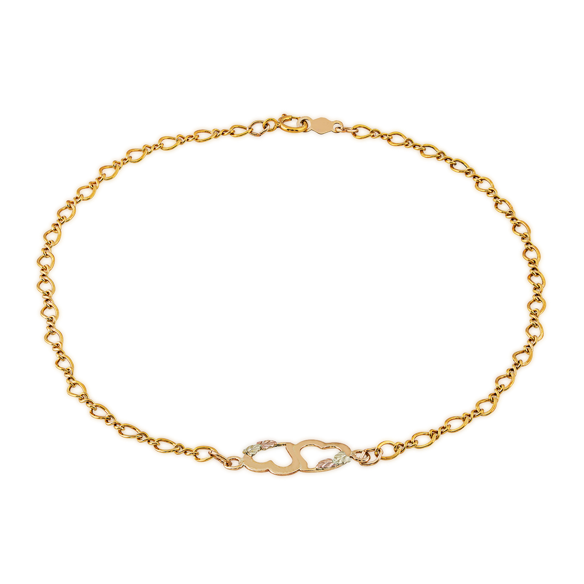 Black Hills Gold leaf double heart ankle bracelet in 10K yellow gold