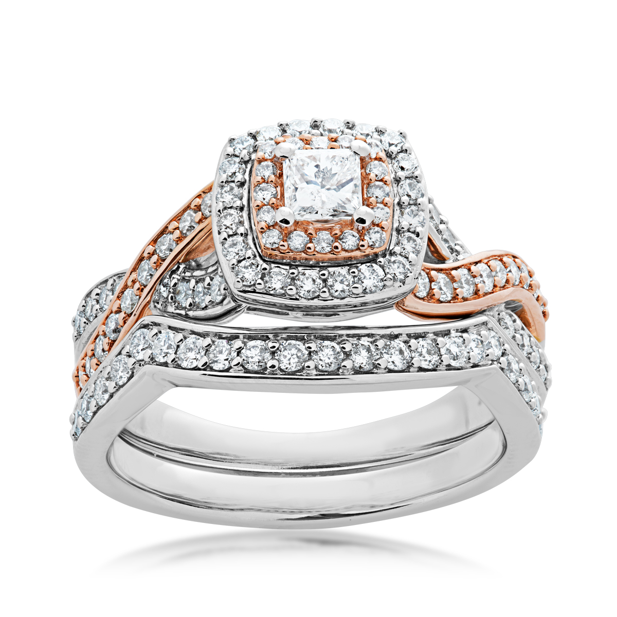 princess cut diamond white and pink gold wedding set