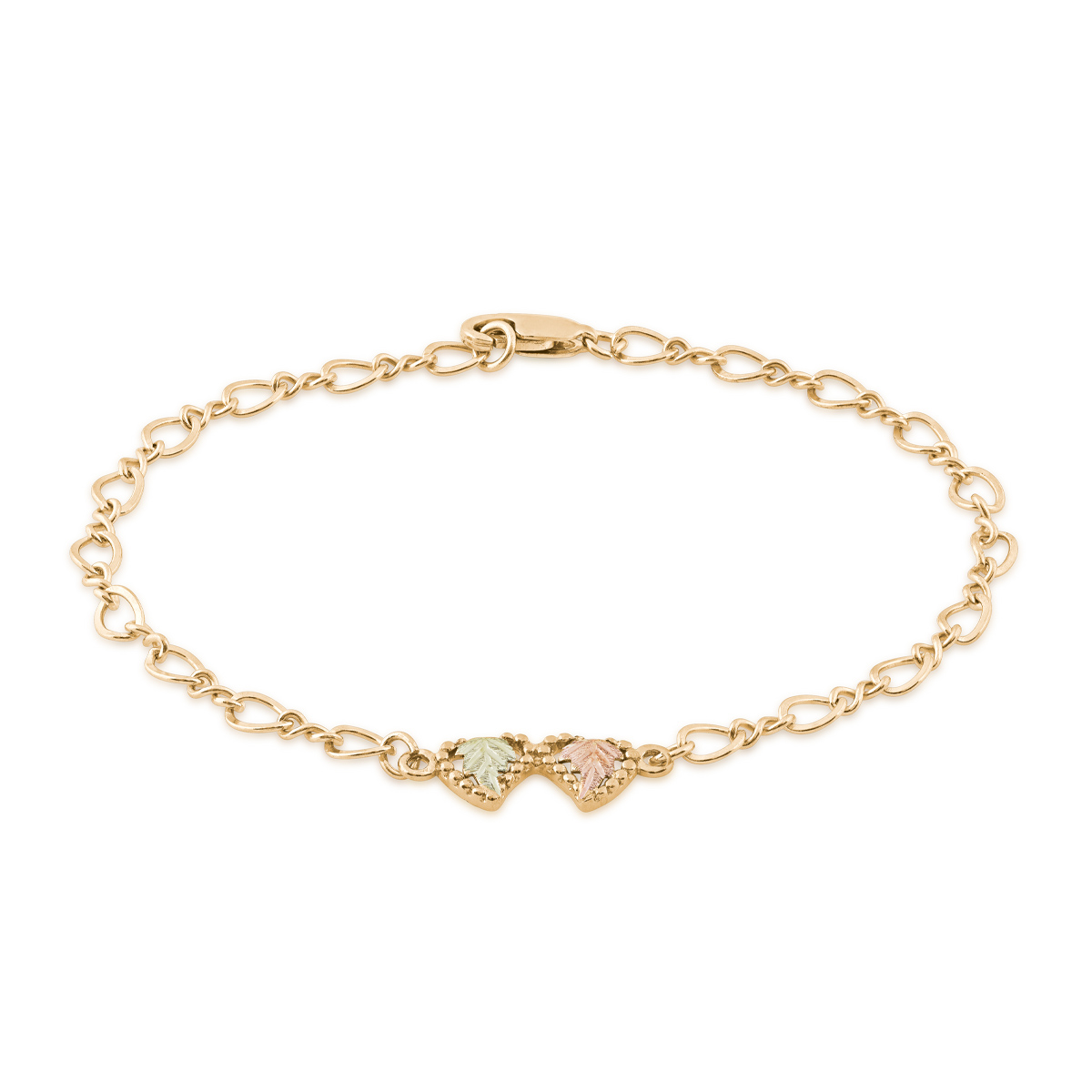Black Hills Gold 7.5" leaf double heart bracelet in 10k yellow gold