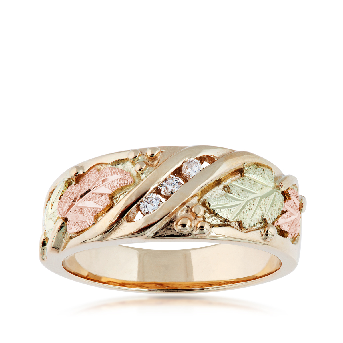 Black Hills Gold 3 stone diamond accent wedding ring in 10k yellow gold