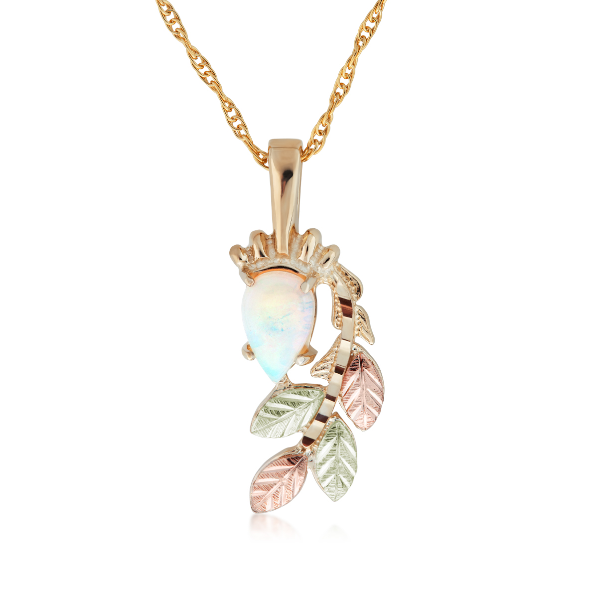 Black Hills Gold pear opal and leaf branch pendant in 10k yellow gold