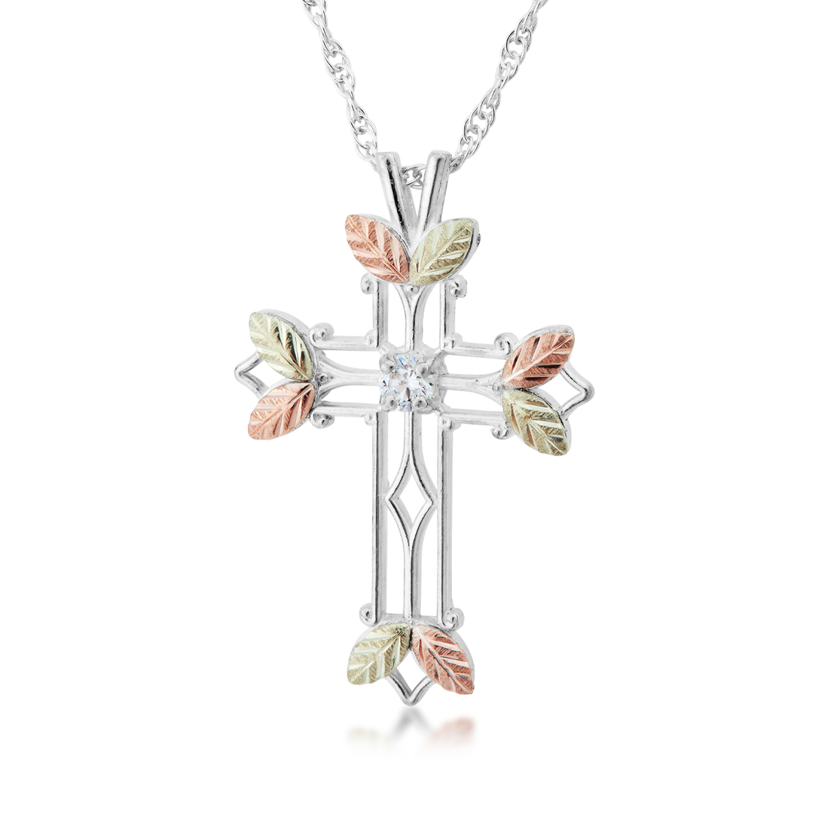 sterling silver Black Hills Gold round white cubic zirconia open cross pendant 