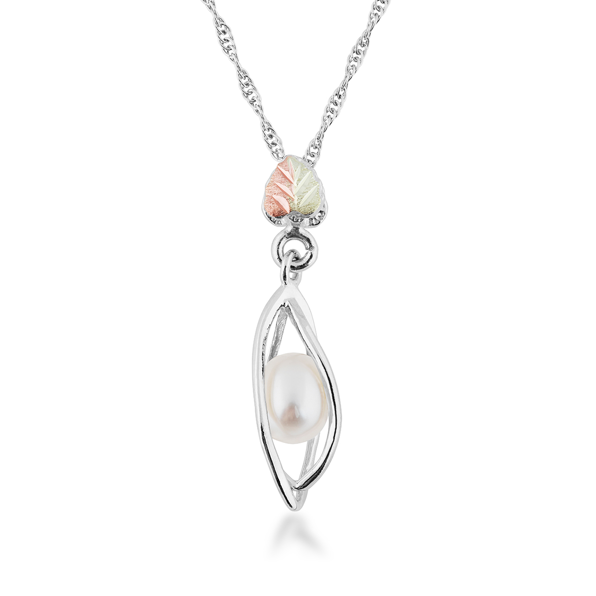 sterling silver pearl pendant with pink and green gold leaf