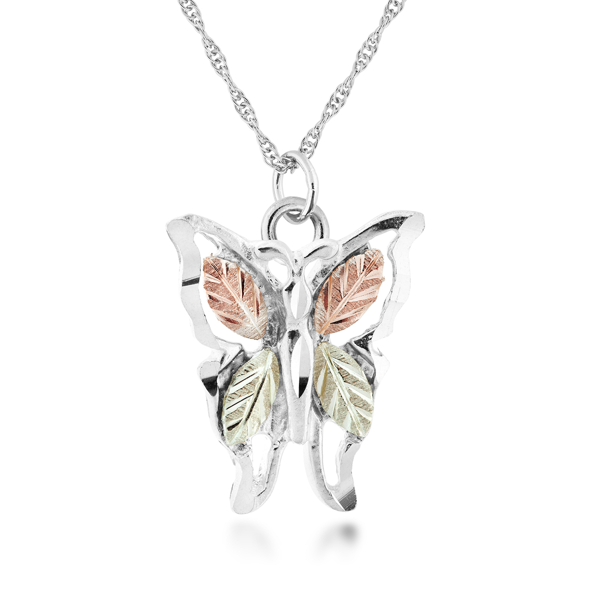 sterling silver butterfly pendant with pink and green gold leaves in the wings