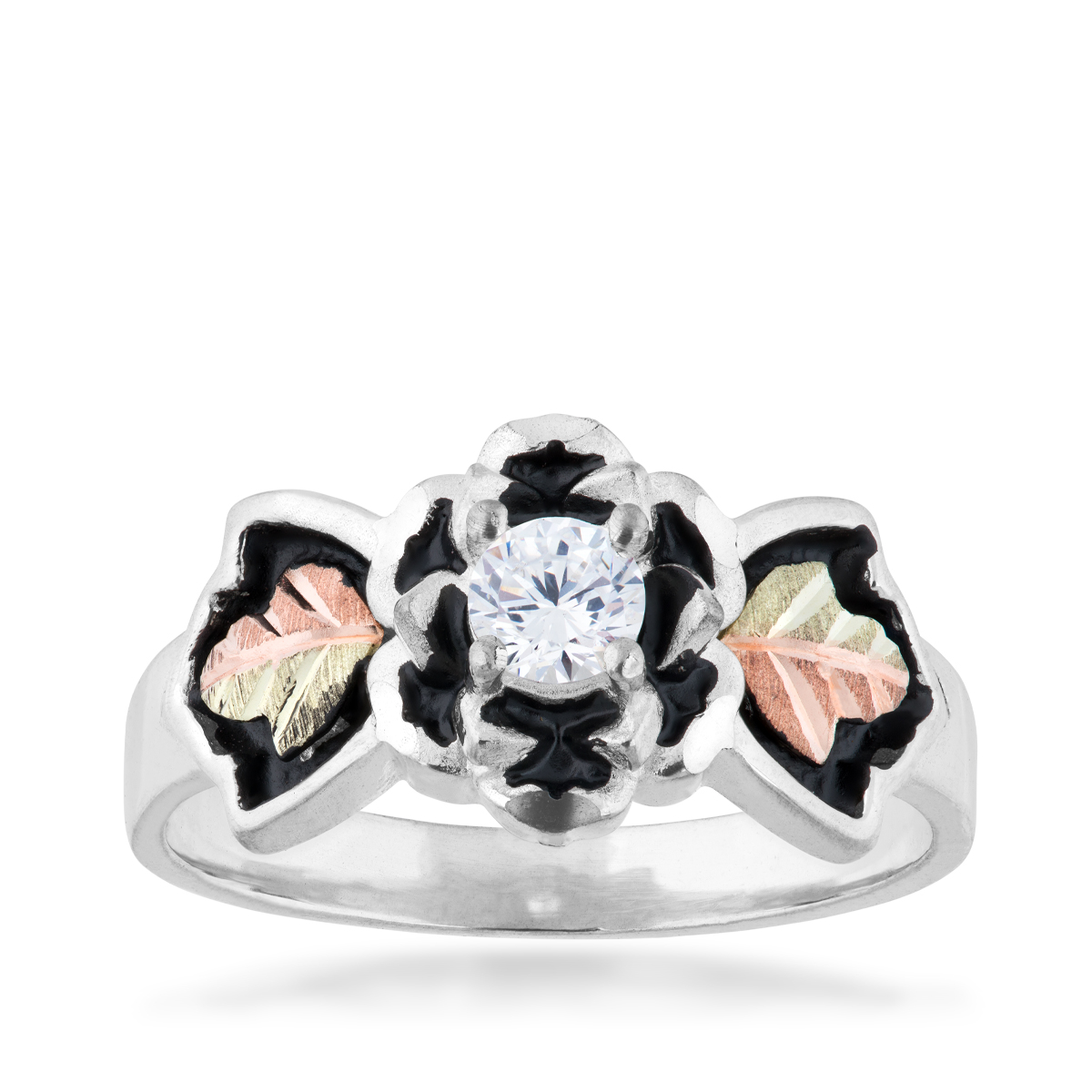 Round cubic zirconia antiqued sterling silver ring with flower and green and pink gold leaves