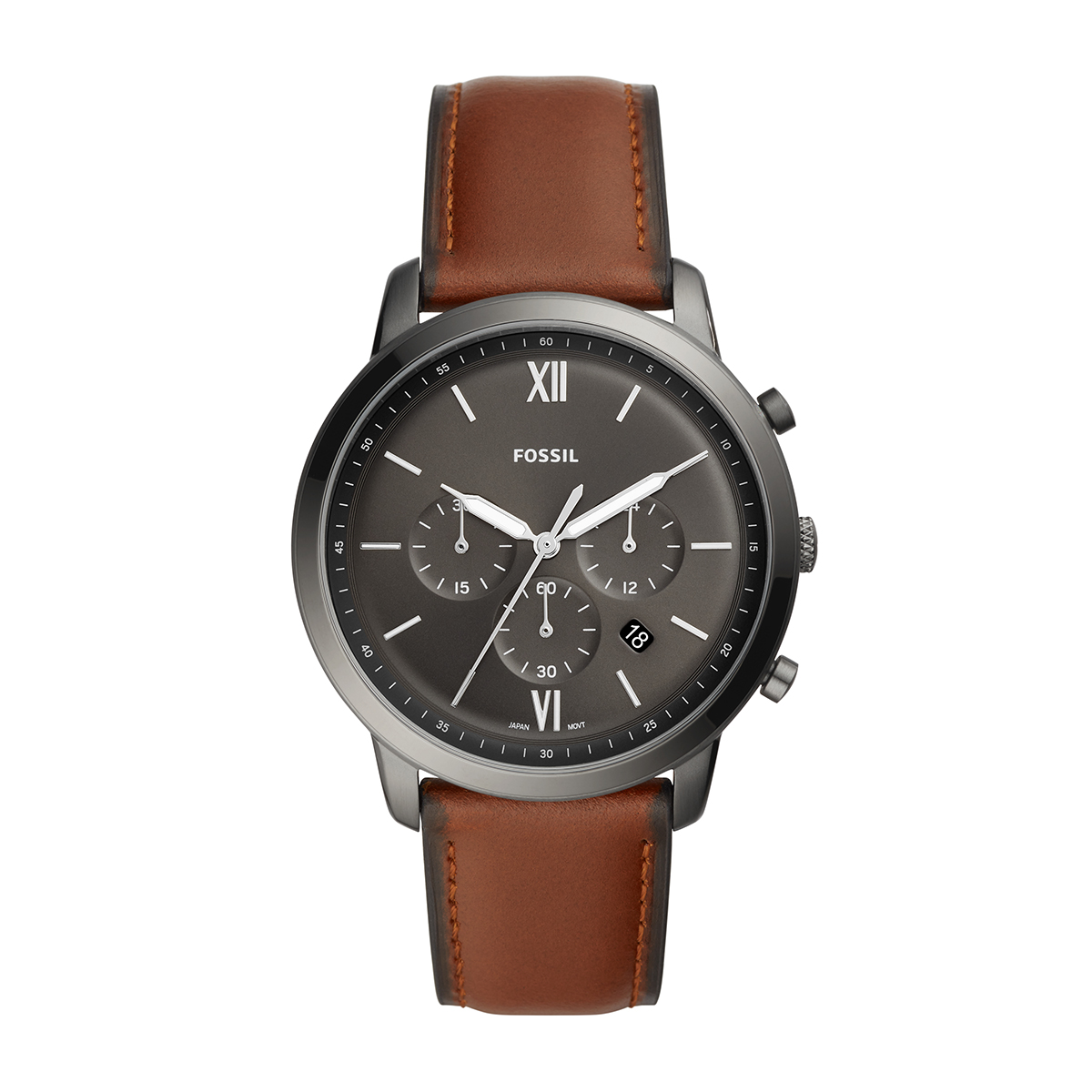 Gray stainless steel gray dial and leather strap men's Fossil quartz chronograph watch