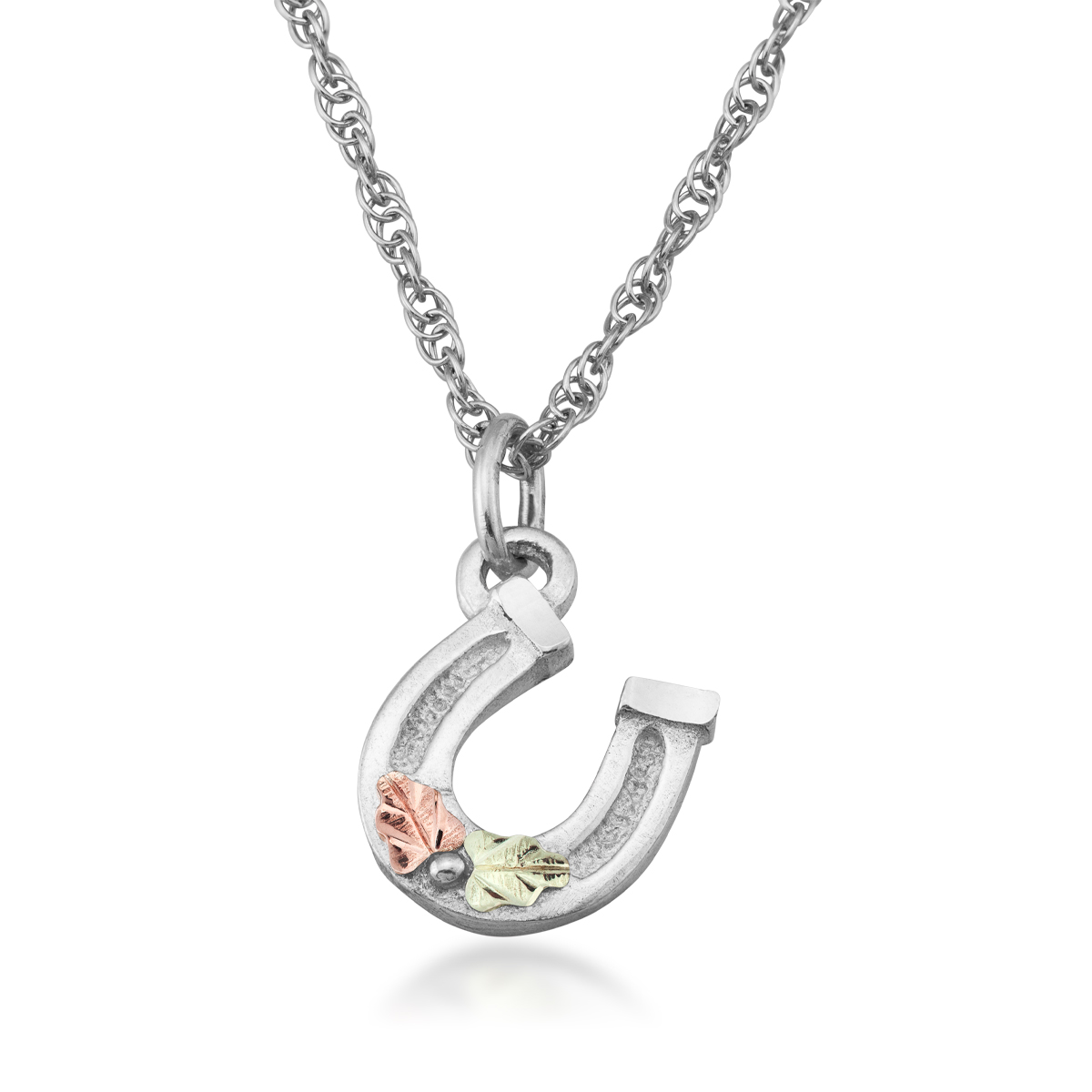 sterling silver horseshoe pendant with pink and green gold leaves