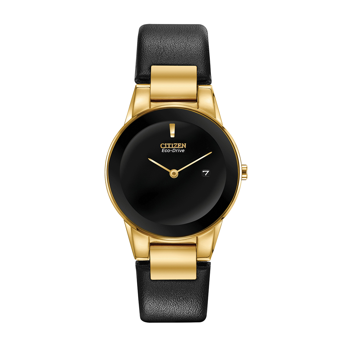 gold-tone stainless steel watch with black dial and black leather strap