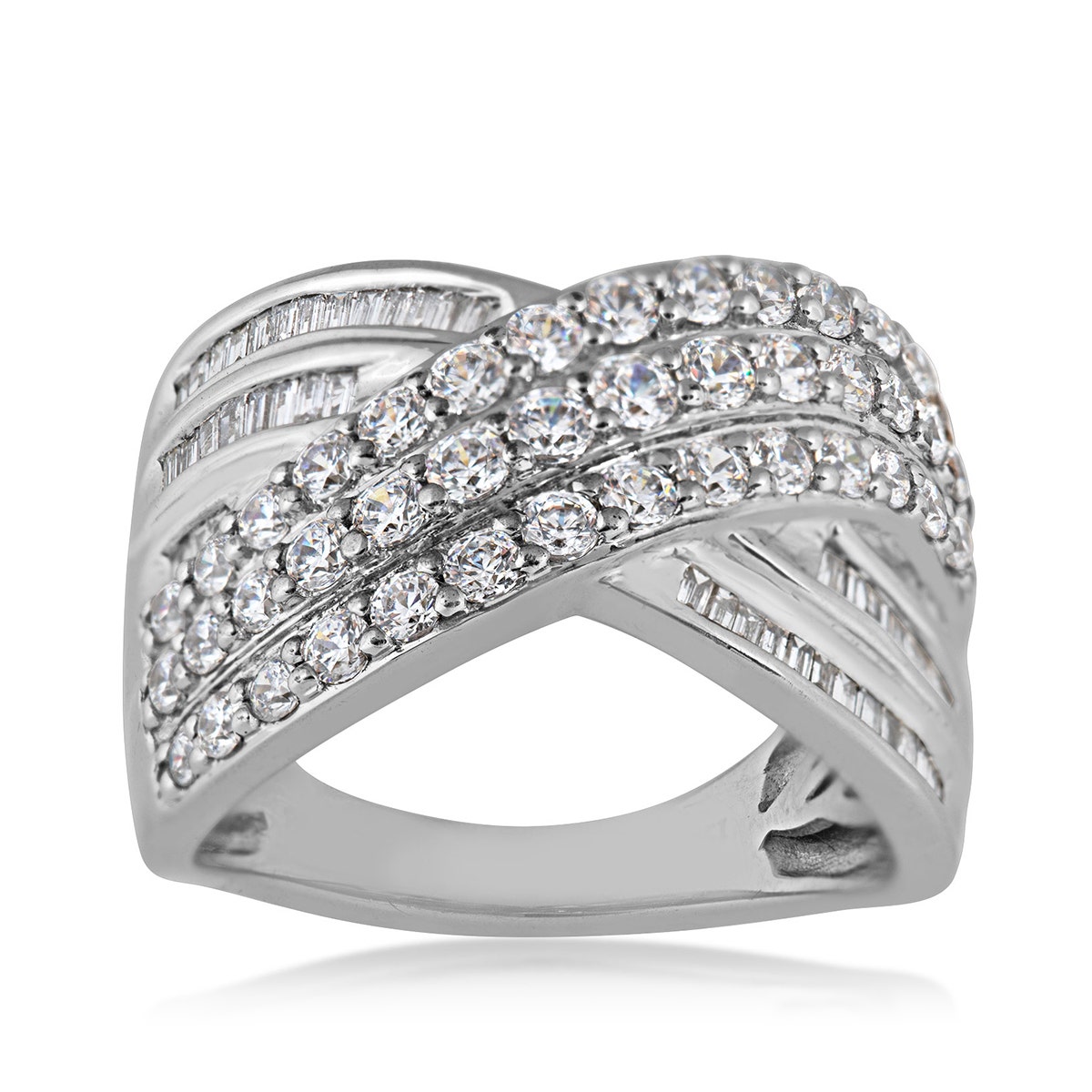 1 ct. tw. Round & Baguette Diamond Crossover Ring 10K White Gold