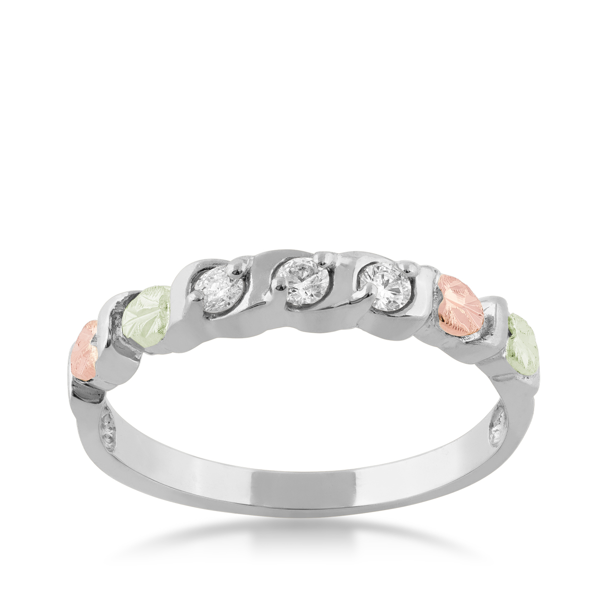 10K white gold Black Hills Gold round 3-stone diamond anniversary band