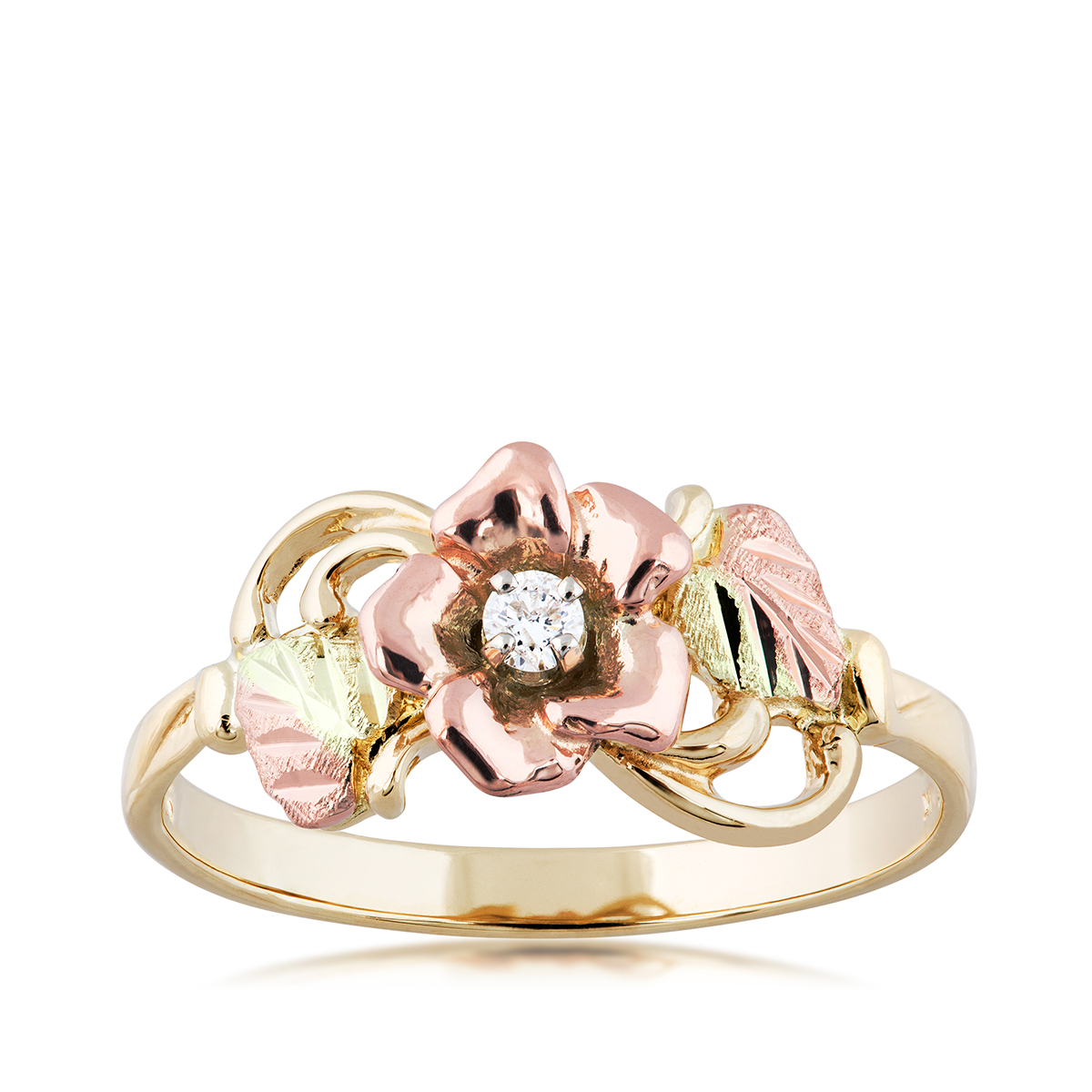 Yellow gold promise ring with round diamond centered in pink gold rose with leaf and vine detailing