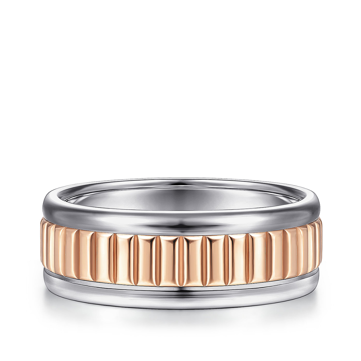 14K pink and white gold Gabriel & Co. Allan men's 8mm ridged center wedding ring