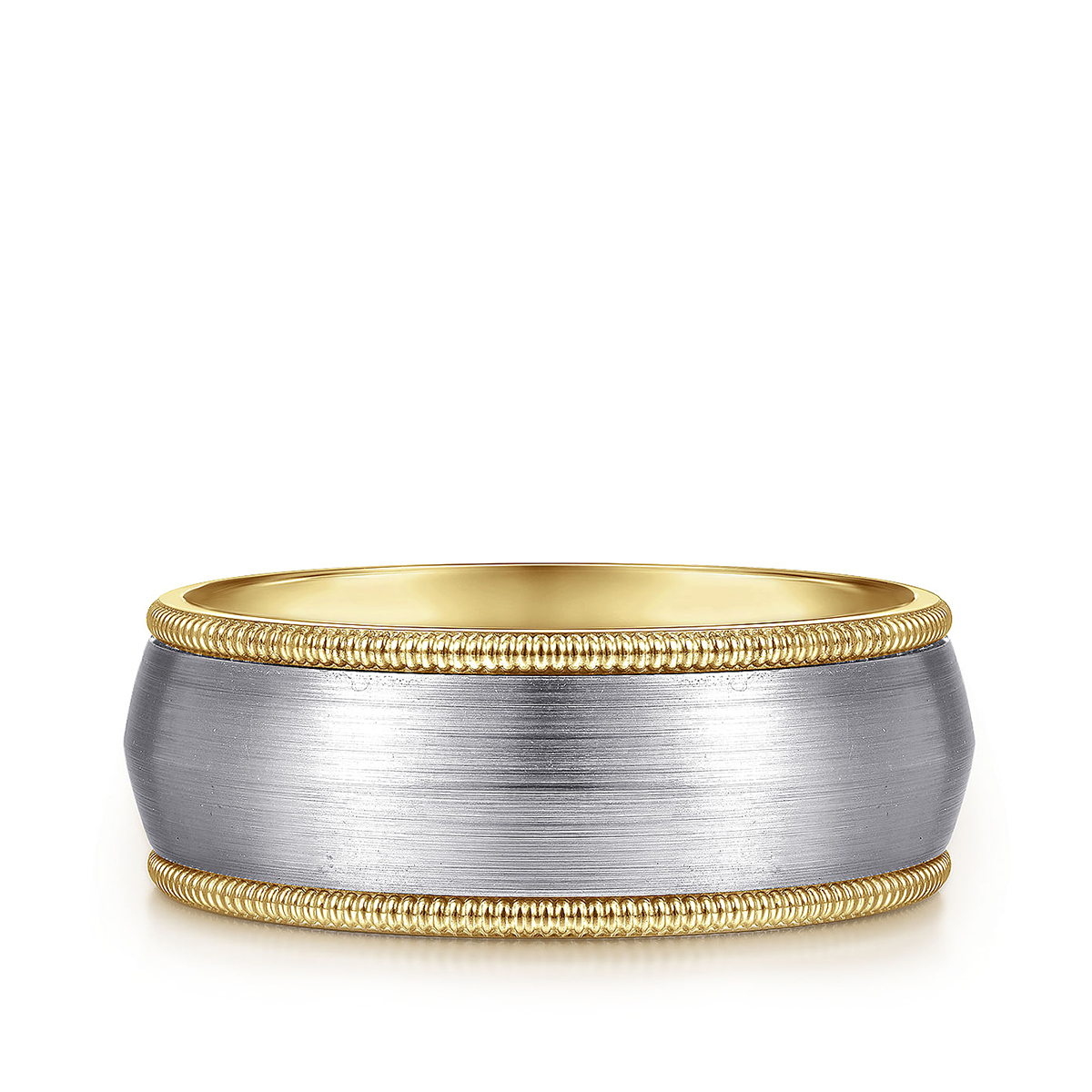 14K white and yellow gold Gabriel & Co. Aaron men's 8mm satin finish rope edge wedding ring