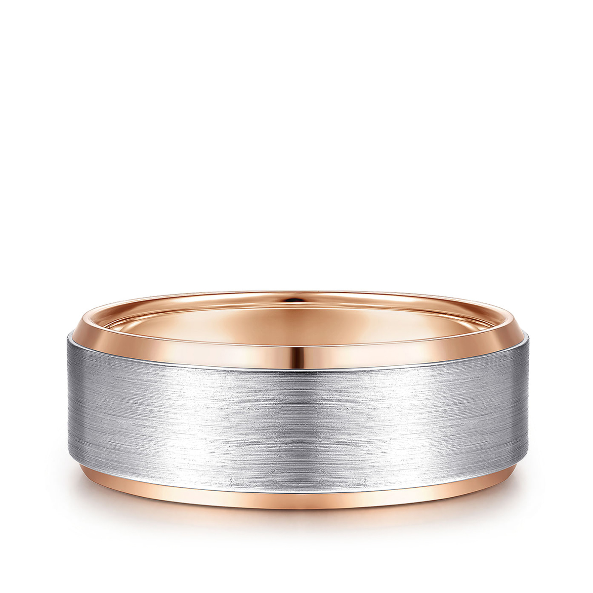 14K white and pink gold Gabriel & Co. Alexander men's 8mm satin finish beveled edge wedding ring