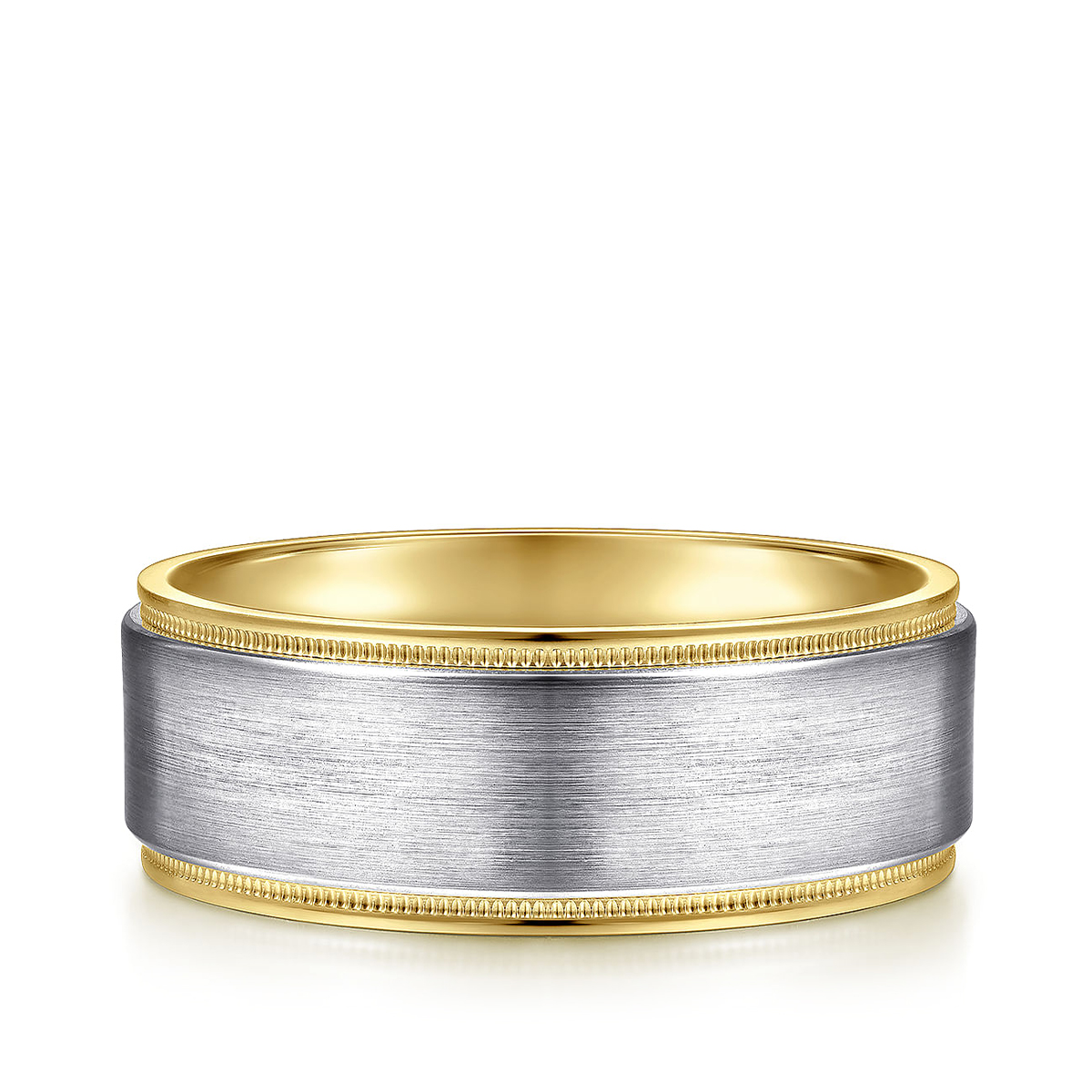 14K white and yellow gold Gabriel & co. Liam men's 8mm satin finish textured edge wedding ring