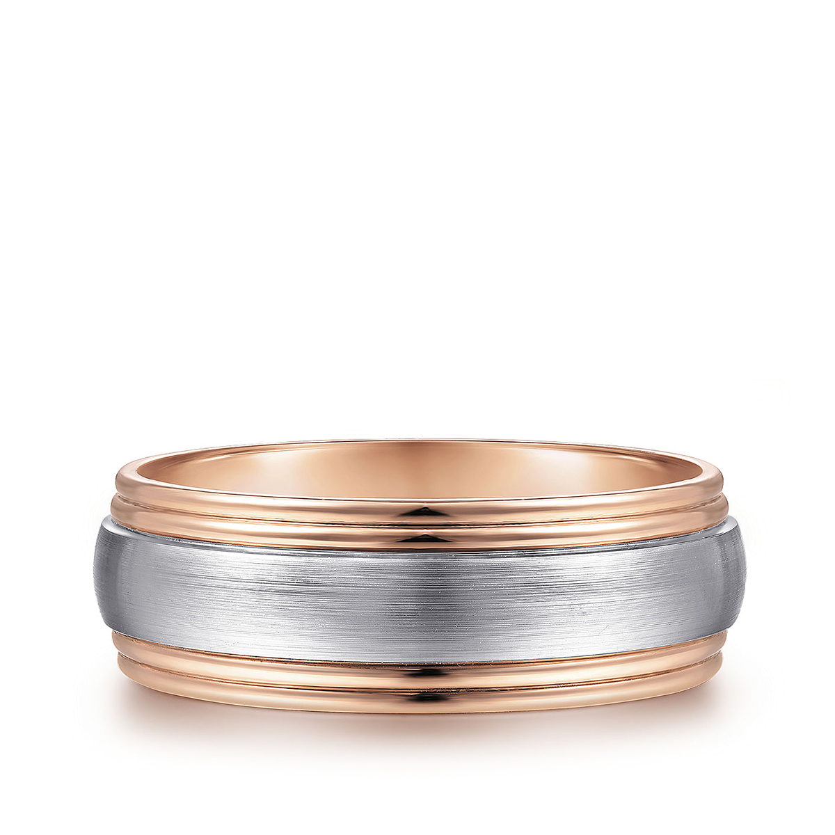14K white and pink gold Gabriel & Co. Derek men's 8mm satin finish step edge wedding ring