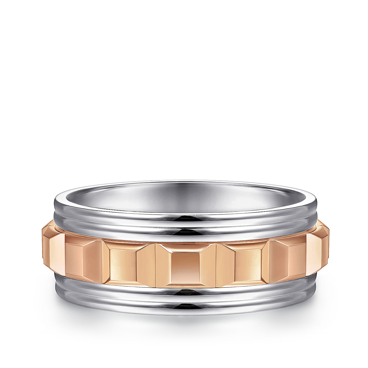 14K pink and white gold Gabriel & Co. Dominick men's 8mm Grommet Inlay wedding ring