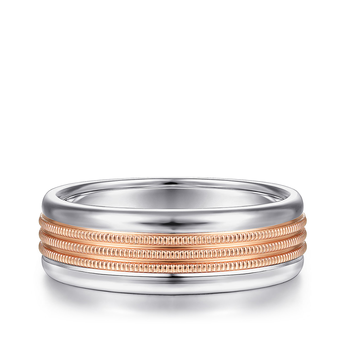 14K pink and white gold Gabriel & Co. Ethan men's 7mm rope textured polished edge wedding ring