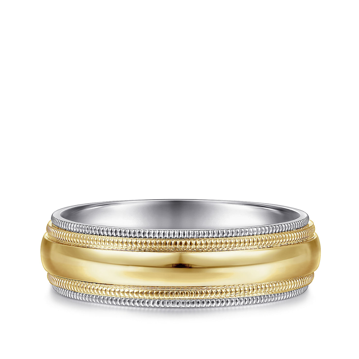 14K yellow and white gold Gabriel & co. Damien men's 6mm polished finish milgrain step edge wedding ring